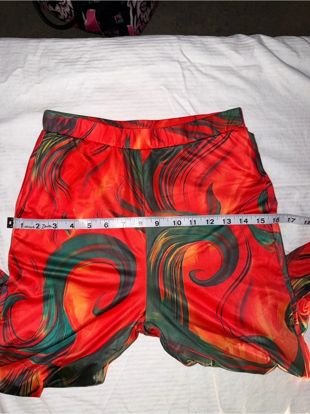 Ruched pants in Red & Green Abstract Print